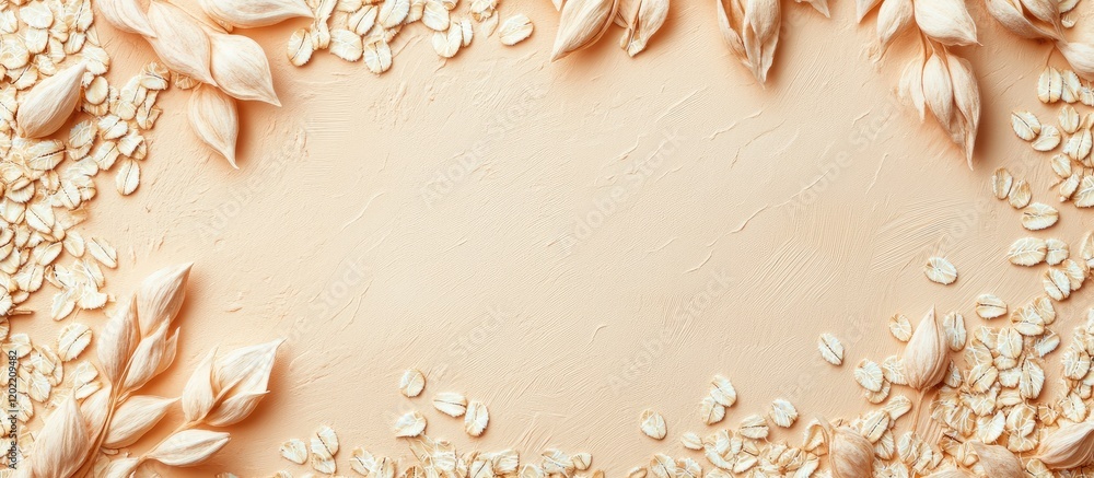 Poster processed oats and leaves arranged on a textured surface with copy space for text placement.