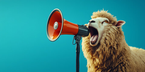 Sheep roaring on a megaphone. Advertisement concept with wide copy space for text.
