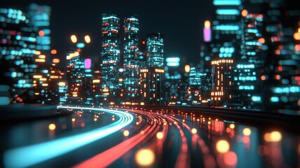 A vibrant, futuristic cityscape at night, featuring glowing skyscrapers and illuminated roads, creating a dynamic urban atmosphere.