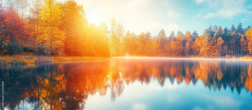 Aufkleber scenic autumn landscape with colorful trees reflecting on calm lake surface under bright sunlight co