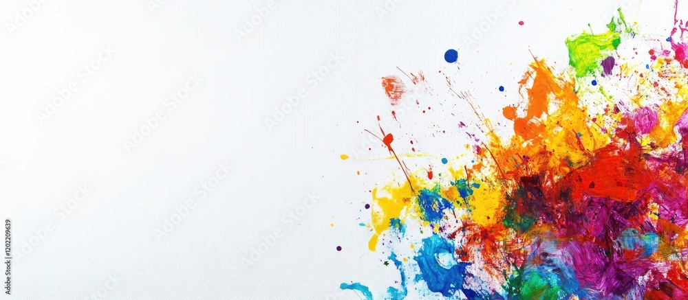 Poster Colorful paint splashes on white background with ample copy space for text. Abstract artistic design with vibrant hues and textures.