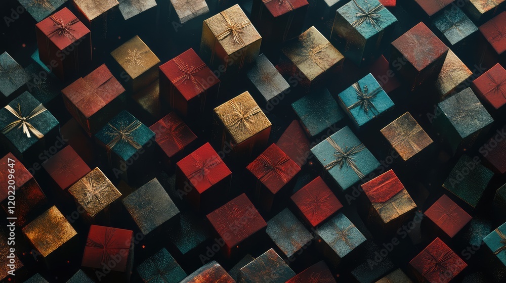 Aufkleber Colorful gift boxes in various sizes and designs stacked randomly with a dark background and ample copy space.