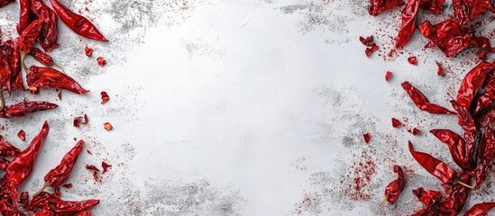 Dried red chili peppers arranged around a textured gray background with copy space for text placement.