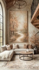 Obraz premium Minimalist modern interior design concepts, Cozy living room featuring a neutral palette, large artwork, and elegant decor elements.