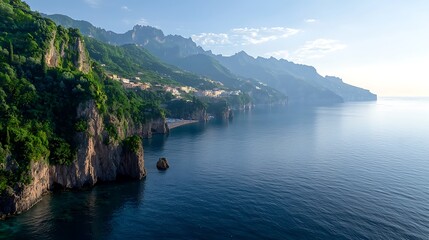 Serene coastal view of cliffs and tranquil waters at sunrise, showcasing natural beauty