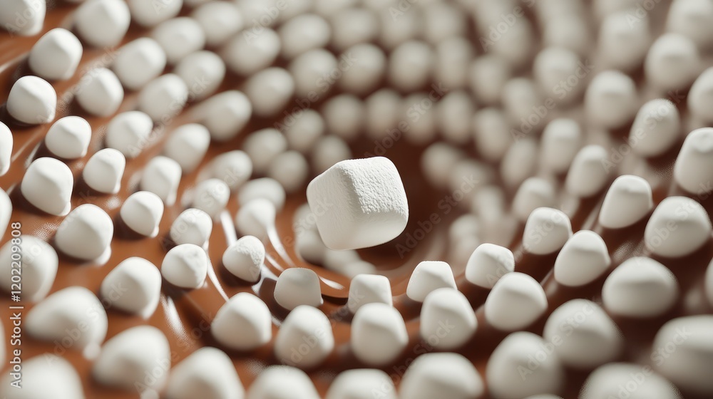 Fototapete Marshmallows arranged in circular pattern with one marshmallow floating above on chocolate background Copy Space