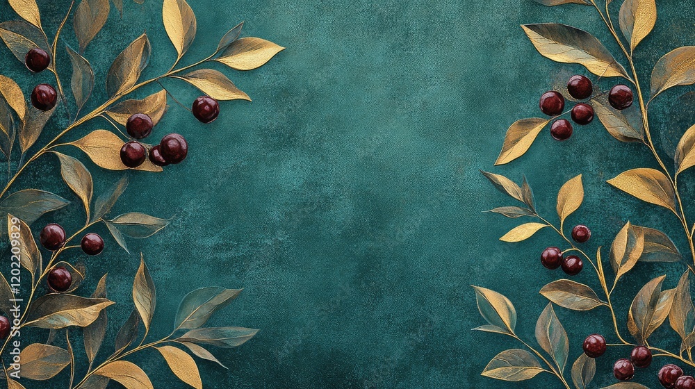 Aufkleber floral composition with dark red berries and golden leaves on teal textured background with copy spa