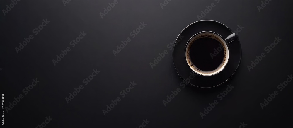 Poster black coffee cup on a black background with ample copy space for text placement