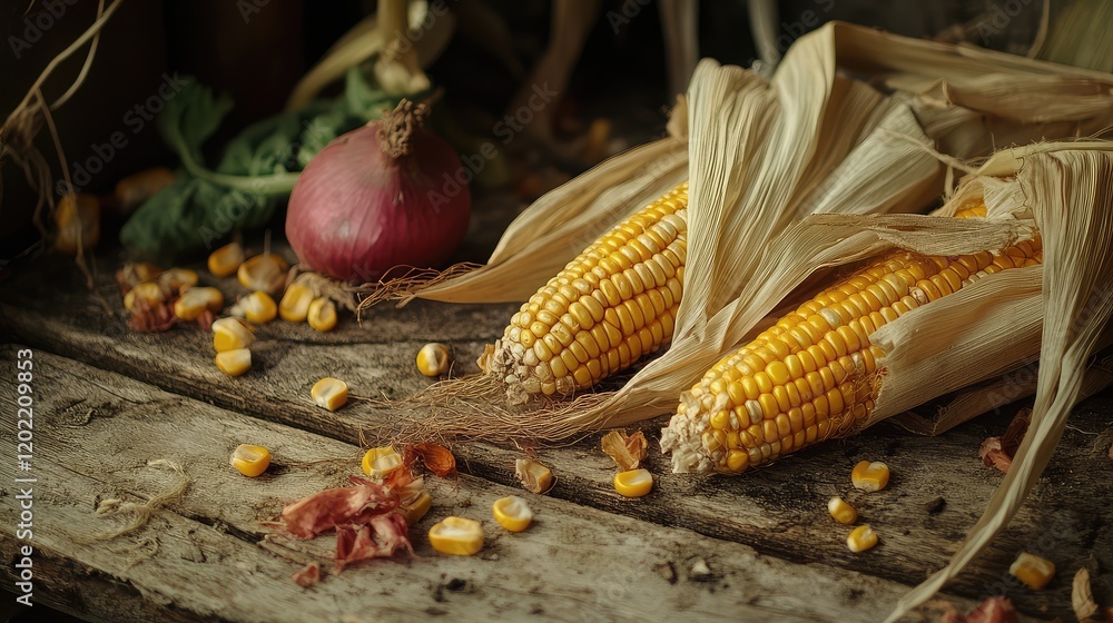 Poster fresh corn on the cob with husk, red onion, and scattered kernels on rustic wooden background with c