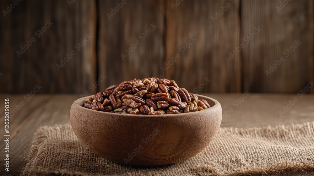 Poster Pecans in a wooden bowl on burlap fabric with rustic wooden background and Copy Space for text placement