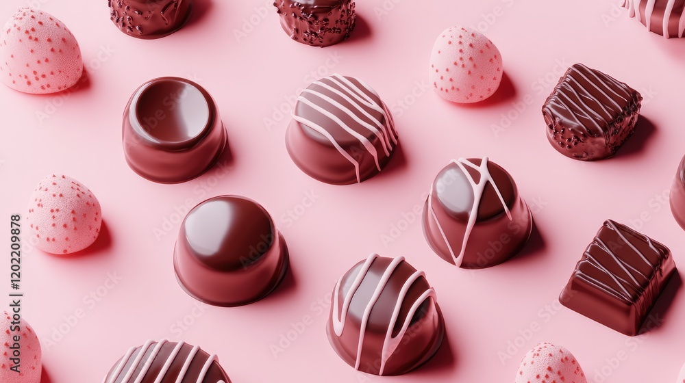 Poster assorted chocolate confections on a pink background with copy space for text placement. variety of s