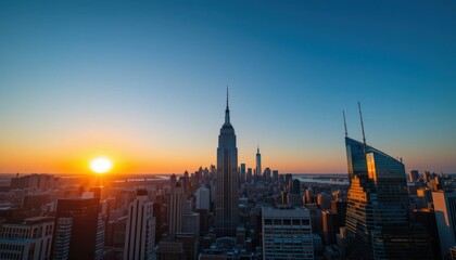 Obraz premium New York City skyline at sunset with skyscrapers and a river in view
