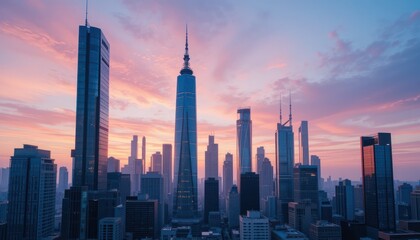 Obraz premium Sunset cityscapes of Shanghai Toronto and Chicago with skyscrapers and urban skyline