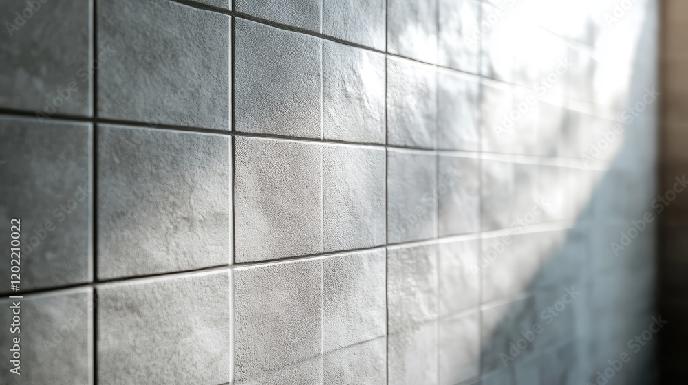 Poster textured gray wall tiles with soft lighting creating reflections and shadows, copy space available f