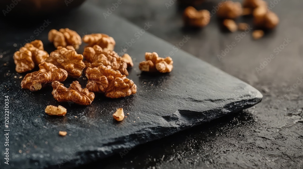 Aufkleber Walnuts on a dark slate surface with copy space in a rustic kitchen setting, shallow depth of field highlighting the texture of the nuts