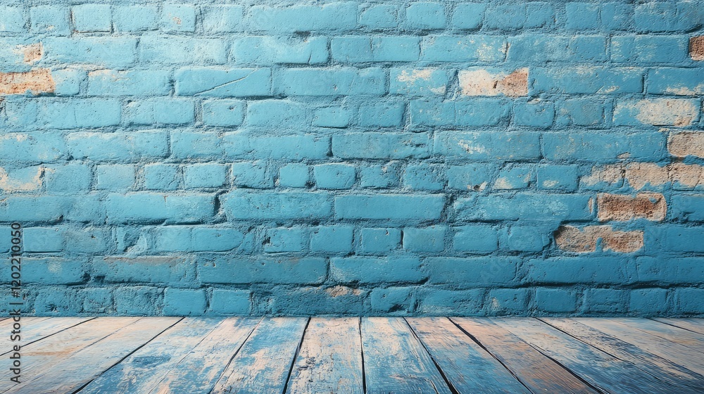 Aufkleber blue brick wall with wooden floor and copy space for text. textured background in a rustic style wit