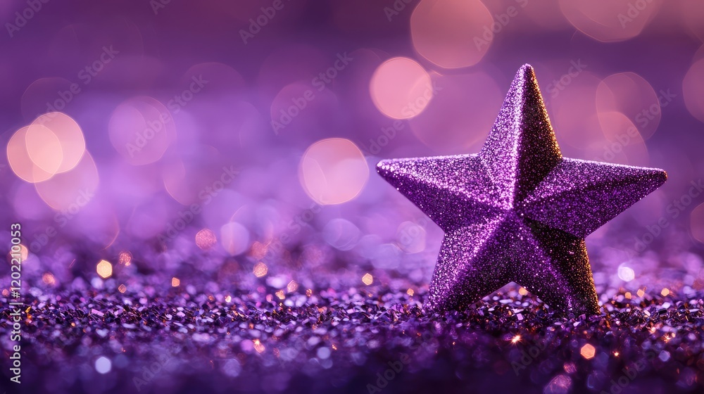 Poster sparkling purple star decoration on glittery surface with bokeh background copy space