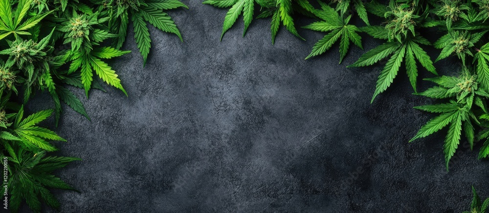 Poster Green cannabis leaves frame a textured dark background with Copy Space for text placement.