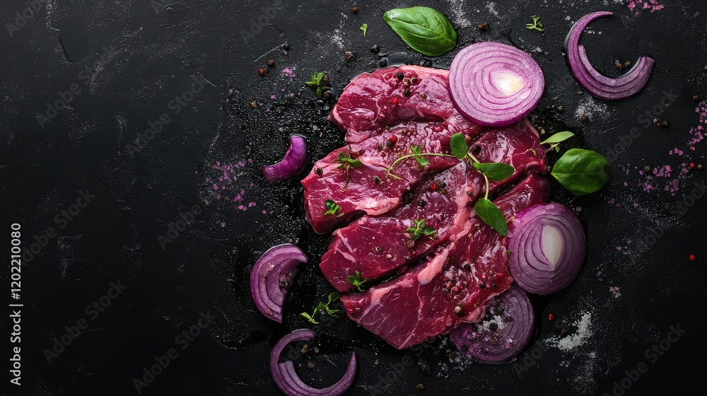 Poster raw beef steak slices with red onion rings and herbs on a dark stone background with copy space for 