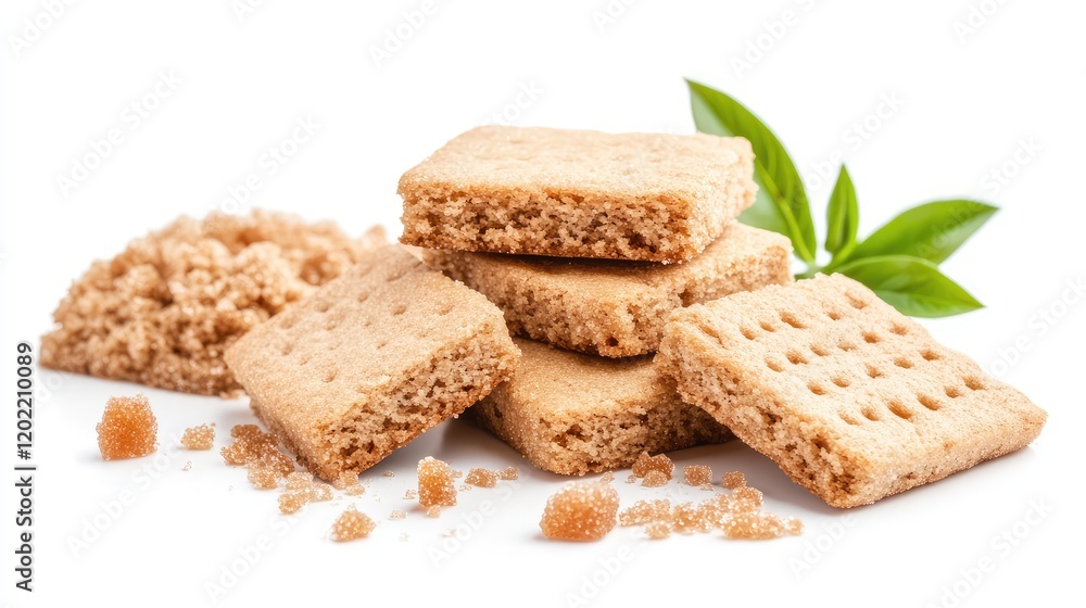 Poster assorted cookies stacked beside brown sugar and green leaves on a white background with copy space f