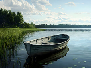 Obraz premium Serene boat docked on tranquil lake nature scene morning light peaceful environment landscape view calm reflection