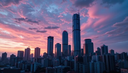 Fototapeta premium city skyline at sunset with skyscrapers and urban architecture