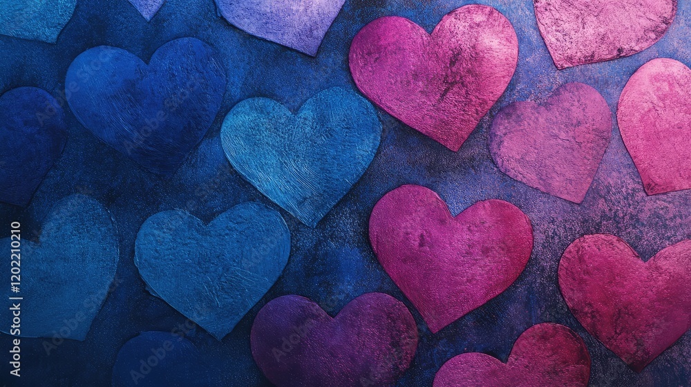 Poster colorful textured hearts on a blue background in various shades of pink and blue with copy space for