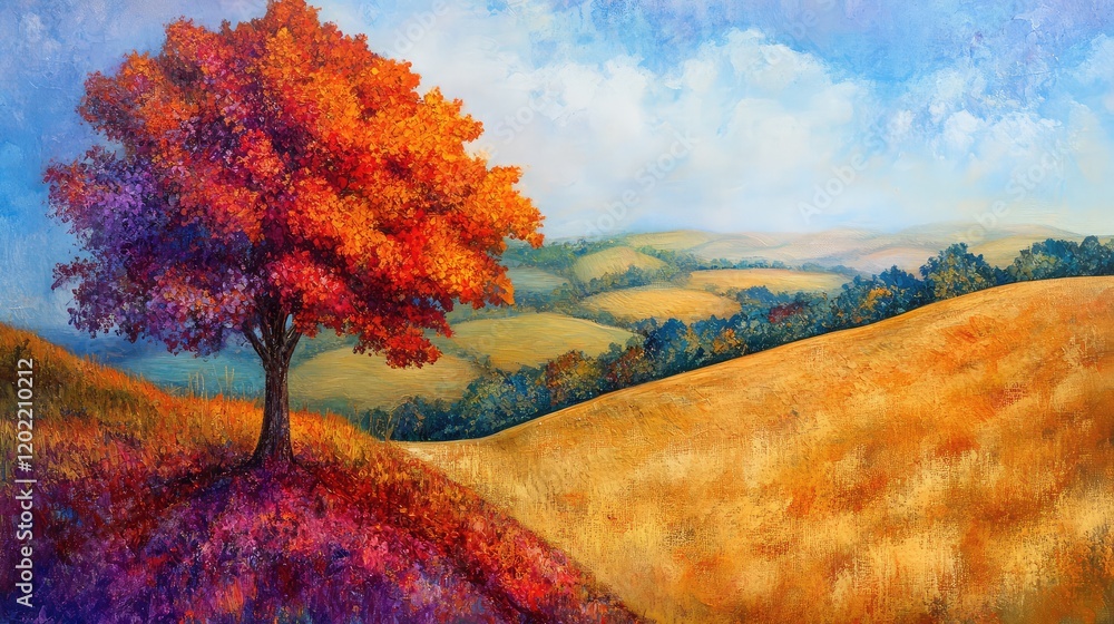 Poster vibrant autumn landscape with orange tree on hilltop overlooking rolling fields and blue sky copy sp