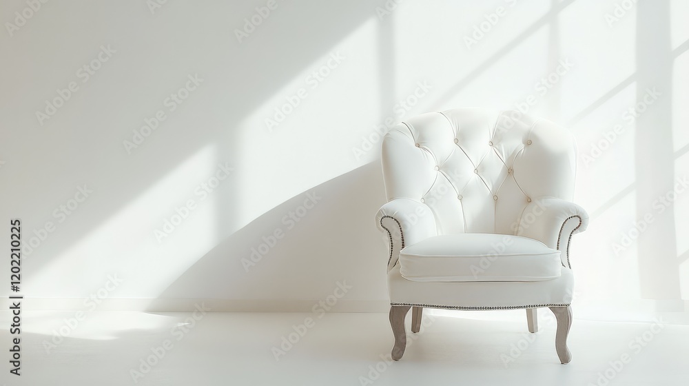 Poster elegant white tufted armchair in minimalistic interior with natural light and shadows, copy space fo