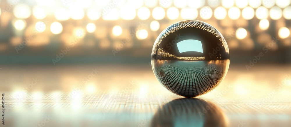 Poster Reflective metal sphere on a wooden surface with soft glowing lights in the background and ample copy space for text