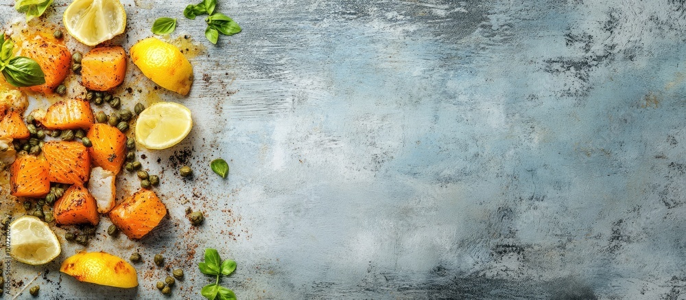 Poster Fried fish fillets with lemon and herbs on rustic background with Copy Space for text adjustment