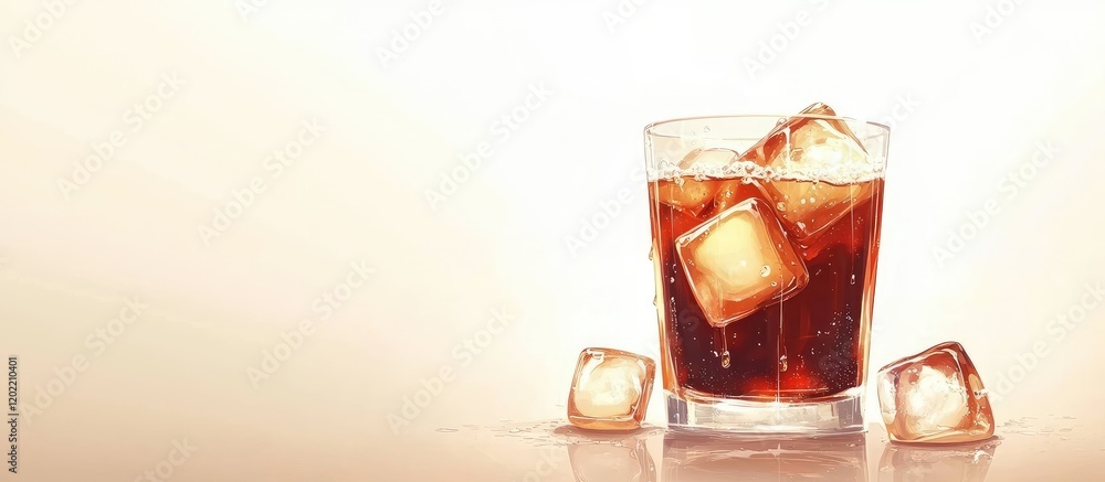 Poster Glass of dark beverage with ice cubes on a light background featuring Copy Space for text placement