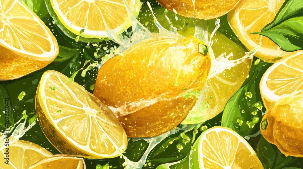 Poster freshly sliced lemons with splashes on vibrant green background and leaves copy space