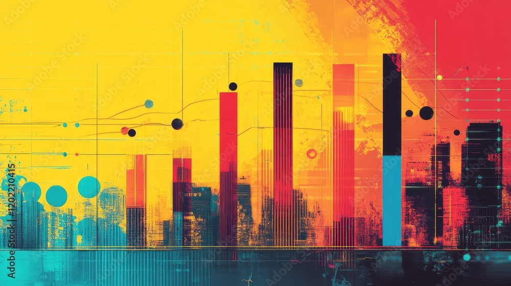 Poster Abstract data visualization with colorful vertical bars and circular elements representing statistical information and urban skyline Copy Space