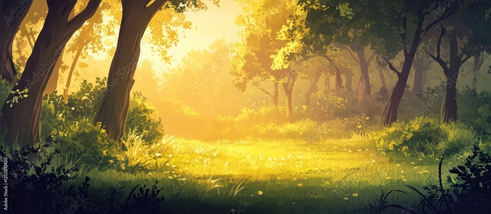Poster golden sunlight filtering through trees in a forest creating an ethereal atmosphere with lush greene