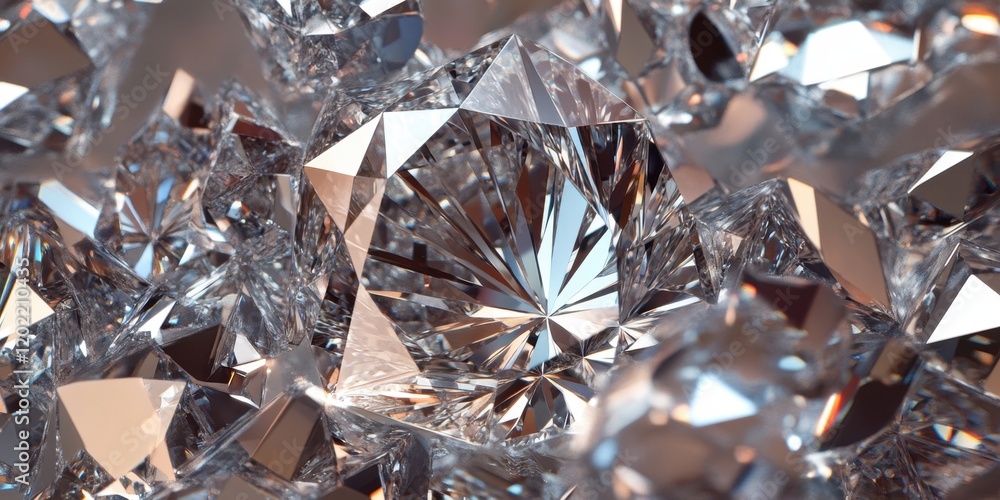 Poster shimmering diamonds rest atop one another, creating a captivating display of light and reflections, 