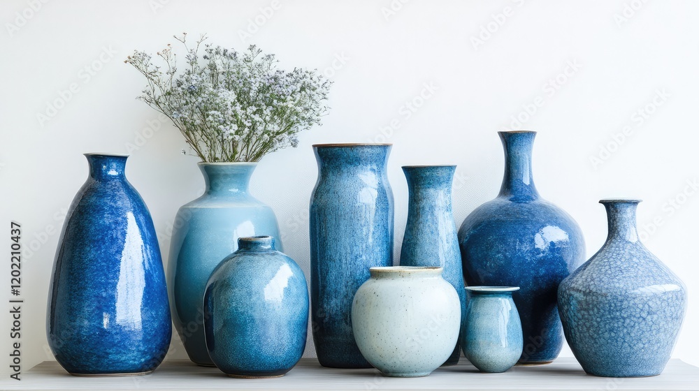 Poster collection of assorted blue ceramic vases with decorative flowers on display against a light backgro