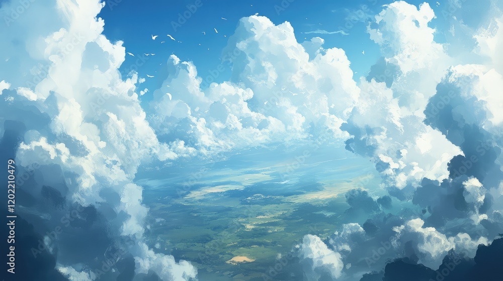 Poster vast open sky with fluffy white clouds and serene landscape below copy space for text placement