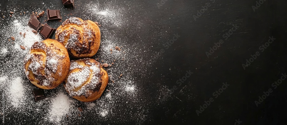 Poster freshly baked chocolate chip cookies with powdered sugar on a dark surface, copy space for text plac