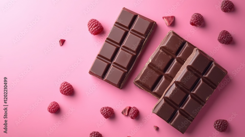 Poster chocolate bars on pink background with raspberries and pieces of chocolate, flat lay composition wit