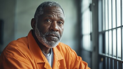 Obraz premium Portrait of an elderly man wearing an orange prison jumpsuit looking thoughtfully through prison bars with copy space available