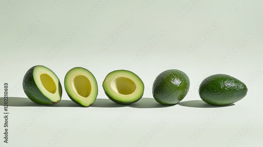 Poster Fresh green avocados whole and halved arranged in a row on a soft green background with Copy Space for text insertion