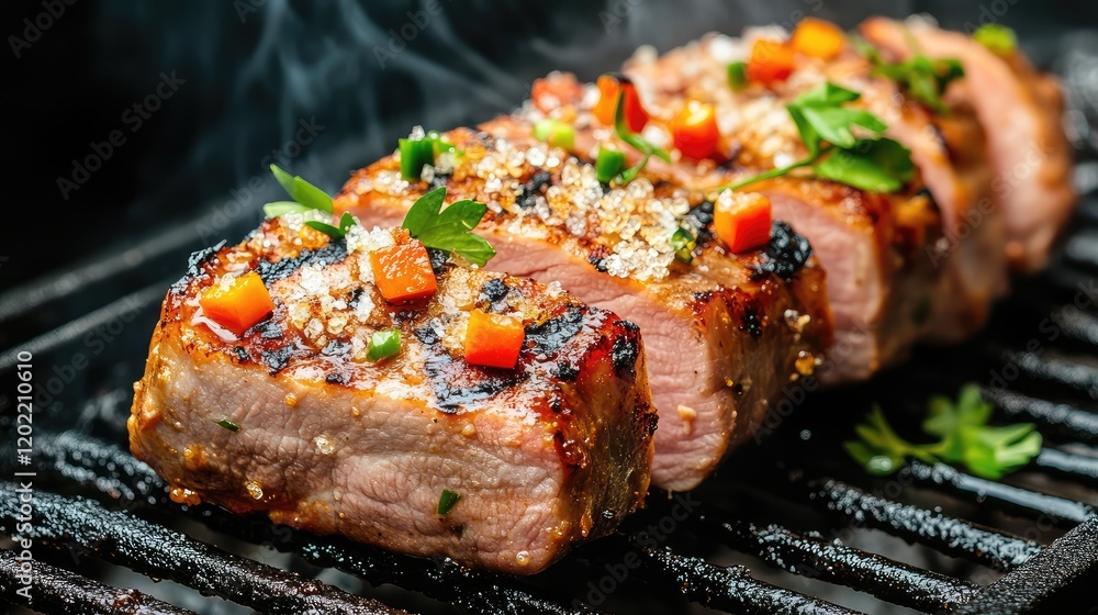 Aufkleber grilled meat steak with herbs and vegetables on a barbecue grill with smoke and copy space for text