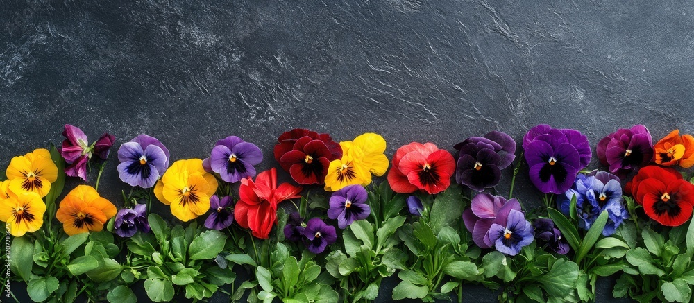 Aufkleber colorful pansy flowers arranged on a dark textured background with copy space for text insertion