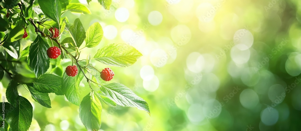 Poster Raspberry plant with ripe berries against a blurred green background with copy space for text placement
