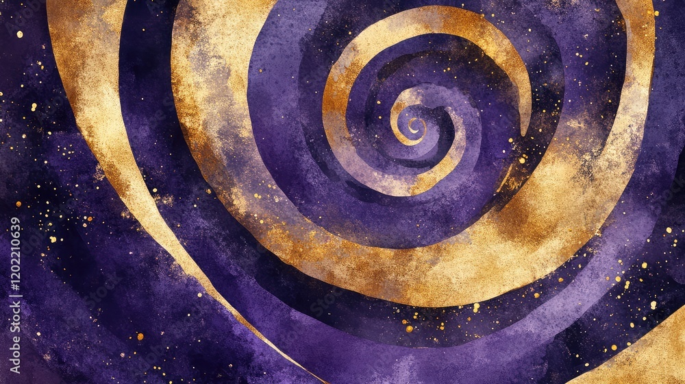 Poster abstract swirling spiral pattern in purple and gold tones with textured paint effects and copy space
