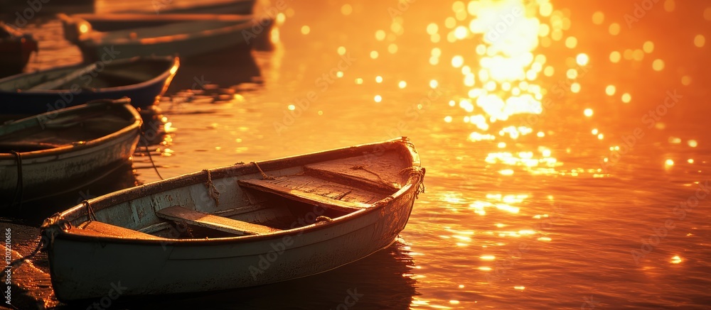 Poster sunset over water with boats moored at the shore reflecting golden light and bokeh effect in the wat