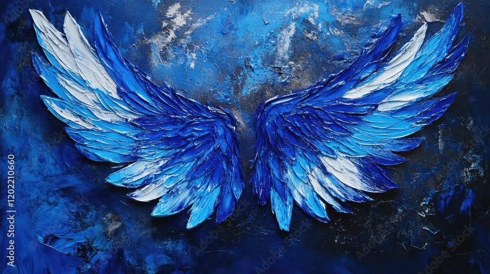 Poster blue abstract angel wings artwork with textured paint on a dark background featuring copy space for 