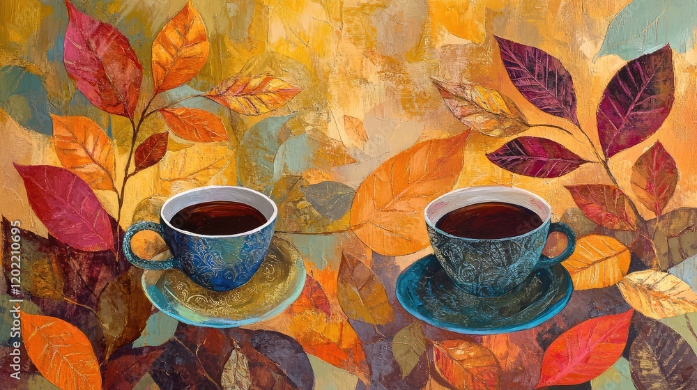 Poster Two decorative tea cups surrounded by colorful autumn leaves on an artistic background with copy space for text