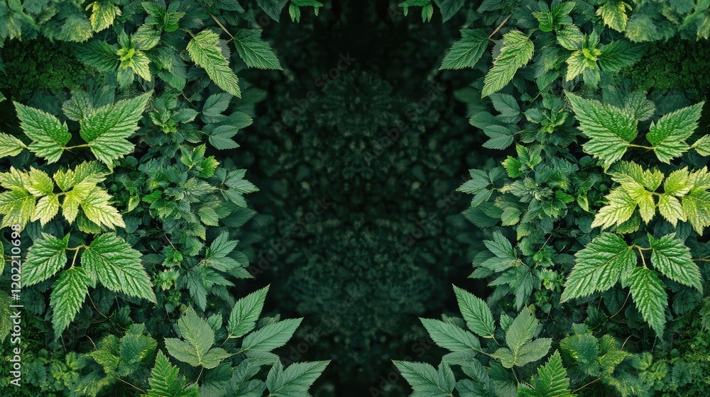 Poster Green Leafy Background with Symmetrical Arrangement and Copy Space for Text